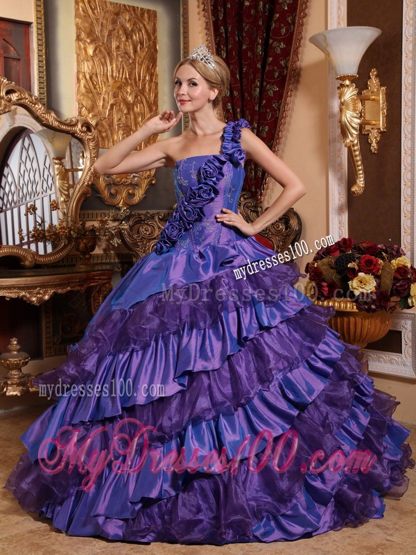 Purple One Shoulder Hand Flowers and Ruffles Quinceanera Dress