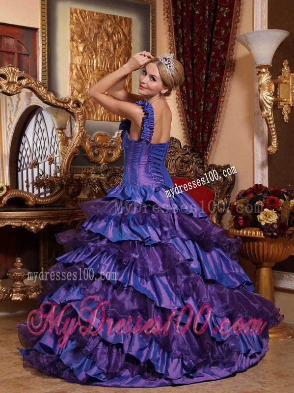 Purple One Shoulder Hand Flowers and Ruffles Quinceanera Dress