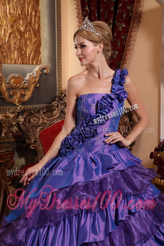 Purple One Shoulder Hand Flowers and Ruffles Quinceanera Dress