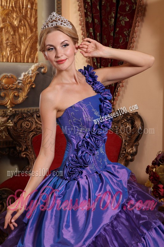 Purple One Shoulder Hand Flowers and Ruffles Quinceanera Dress