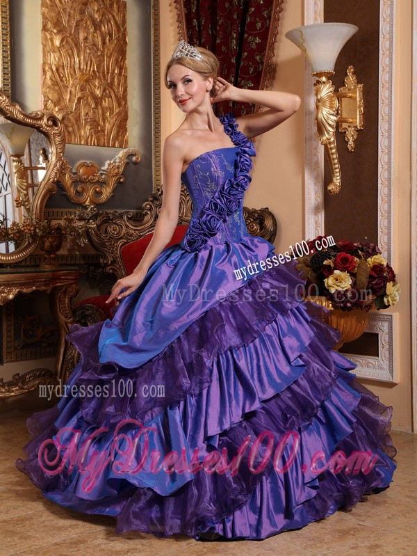 Purple One Shoulder Hand Flowers and Ruffles Quinceanera Dress