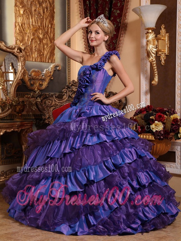 Purple One Shoulder Hand Flowers and Ruffles Quinceanera Dress