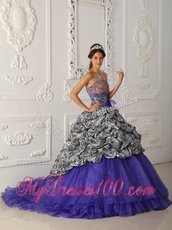 Purple Organza and Zebra Quinceanera Dress with Chapel Train