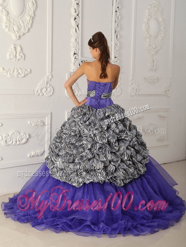 Purple Organza and Zebra Quinceanera Dress with Chapel Train