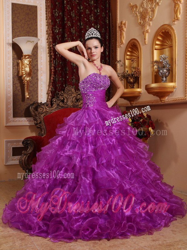 Purple Strapless Beading Ruffled Organza Dresses for Quince