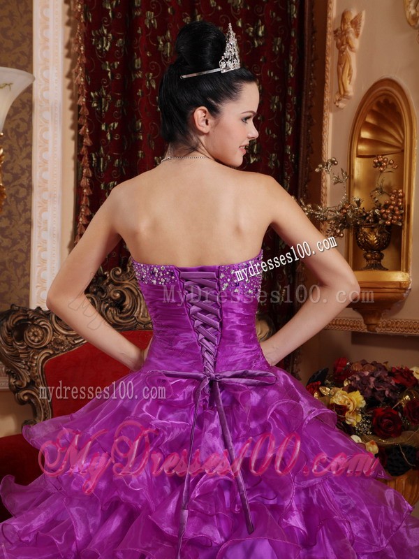 Purple Strapless Beading Ruffled Organza Dresses for Quince