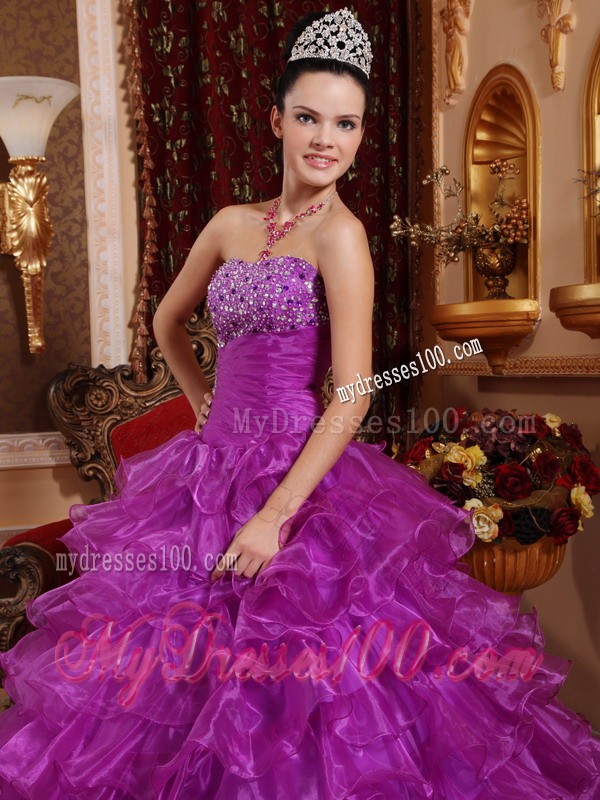 Purple Strapless Beading Ruffled Organza Dresses for Quince