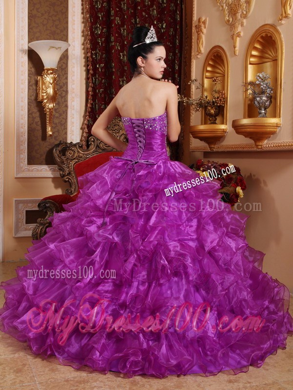 Purple Strapless Beading Ruffled Organza Dresses for Quince