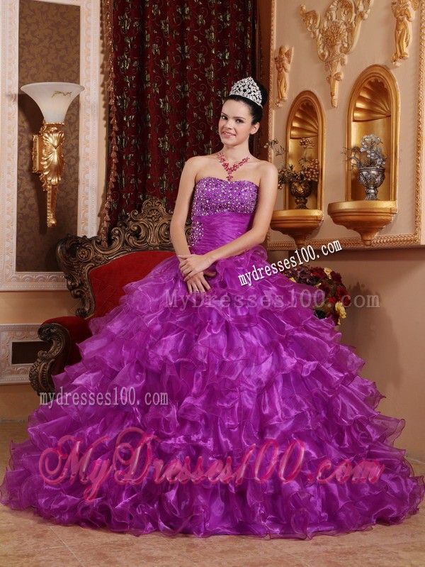 Purple Strapless Beading Ruffled Organza Dresses for Quince