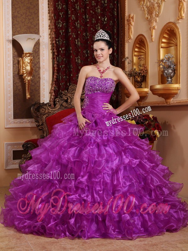 Purple Strapless Beading Ruffled Organza Dresses for Quince