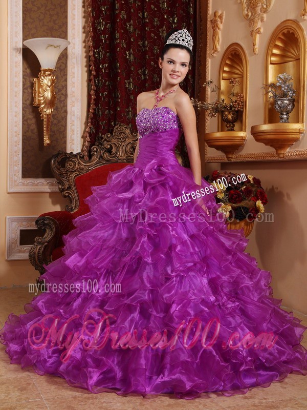 Purple Strapless Beading Ruffled Organza Dresses for Quince