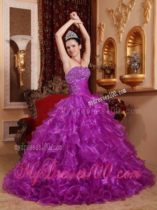 Purple Strapless Beading Ruffled Organza Dresses for Quince