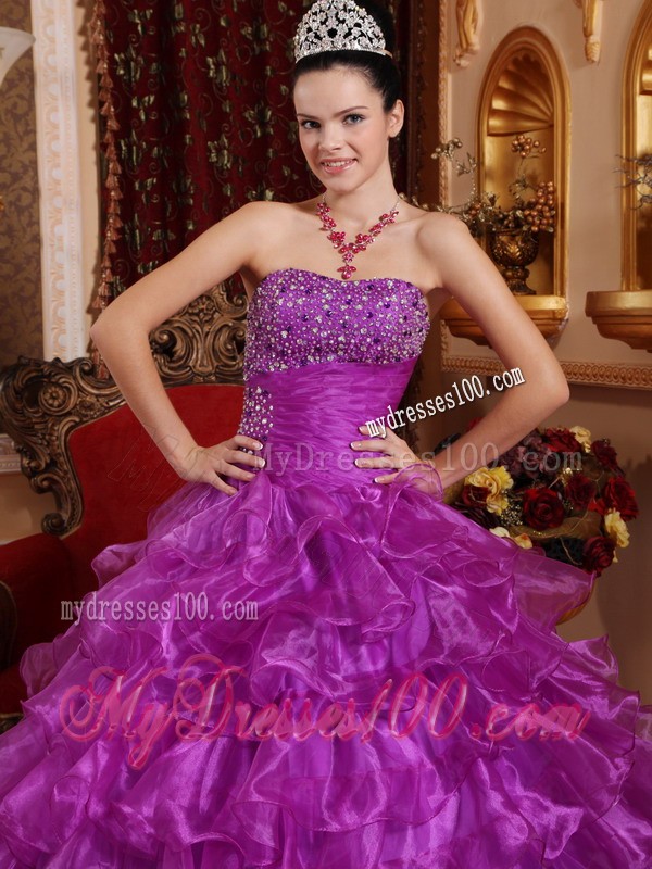 Purple Strapless Beading Ruffled Organza Dresses for Quince