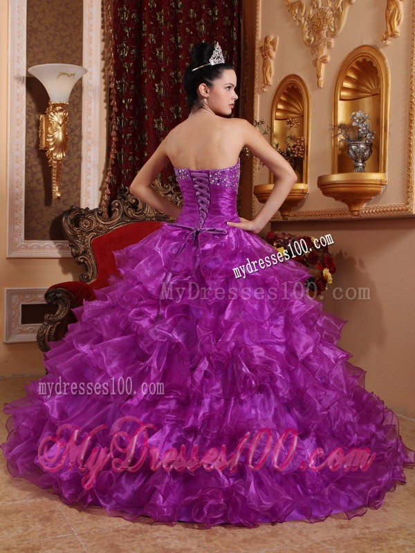 Purple Strapless Beading Ruffled Organza Dresses for Quince