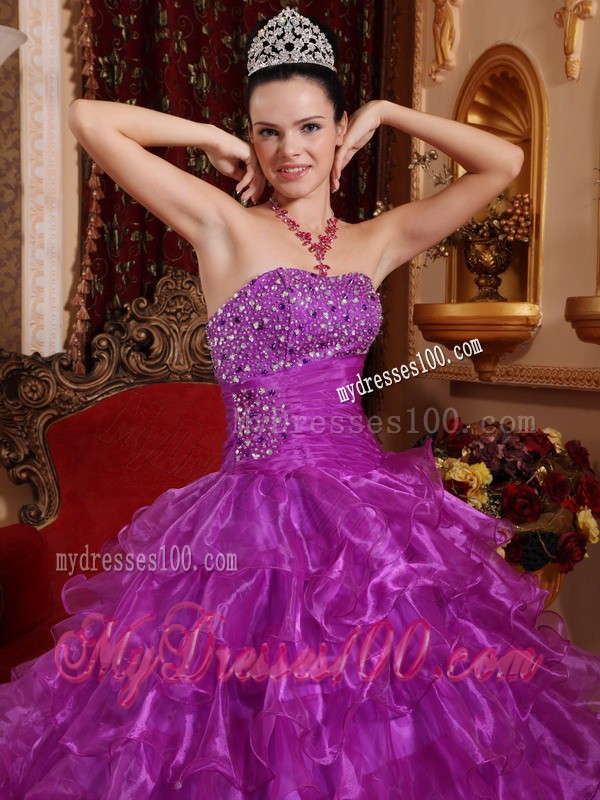 Purple Strapless Beading Ruffled Organza Dresses for Quince