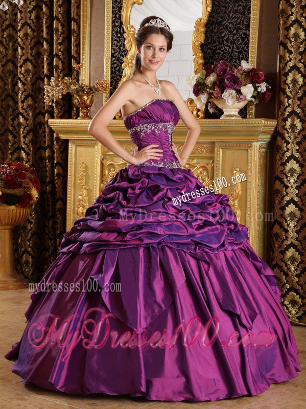 Amazing Floor-length Purple Strapless Taffeta Pick-ups Quinceanera Gown