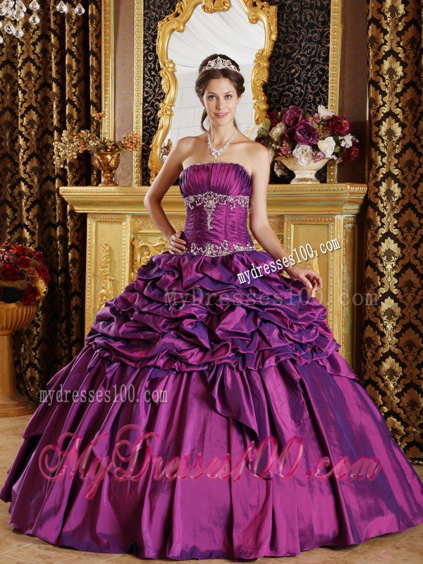 Amazing Floor-length Purple Strapless Taffeta Pick-ups Quinceanera Gown