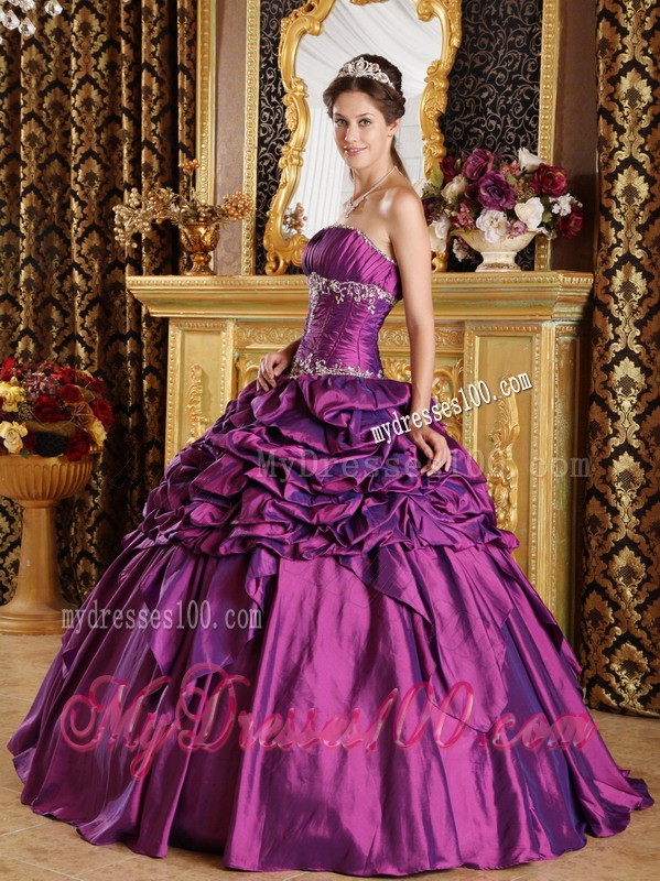 Amazing Floor-length Purple Strapless Taffeta Pick-ups Quinceanera Gown