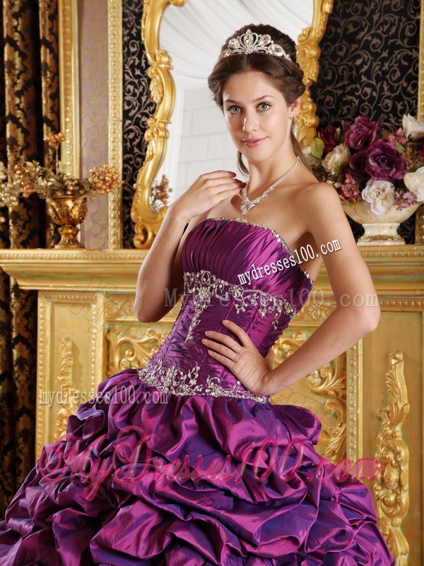Amazing Floor-length Purple Strapless Taffeta Pick-ups Quinceanera Gown