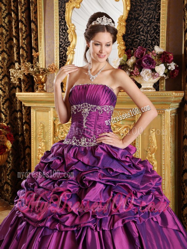 Amazing Floor-length Purple Strapless Taffeta Pick-ups Quinceanera Gown