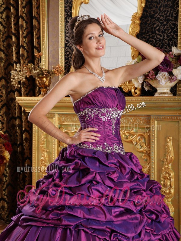 Amazing Floor-length Purple Strapless Taffeta Pick-ups Quinceanera Gown