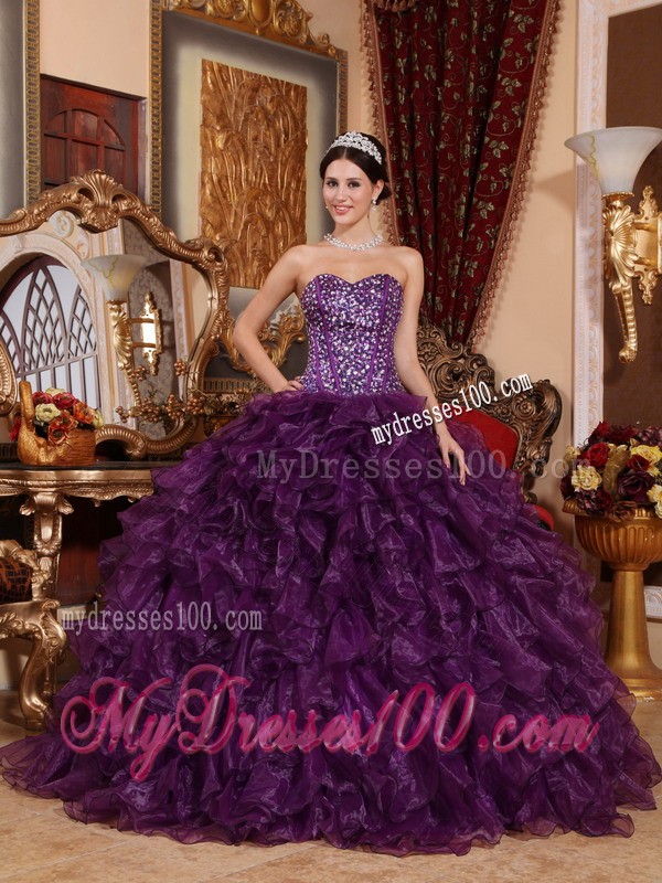 Dark Purple Sweetheart Sweet 15 Dress with Sequins and Ruffles
