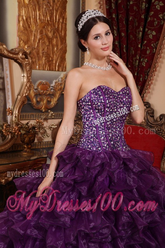 Dark Purple Sweetheart Sweet 15 Dress with Sequins and Ruffles