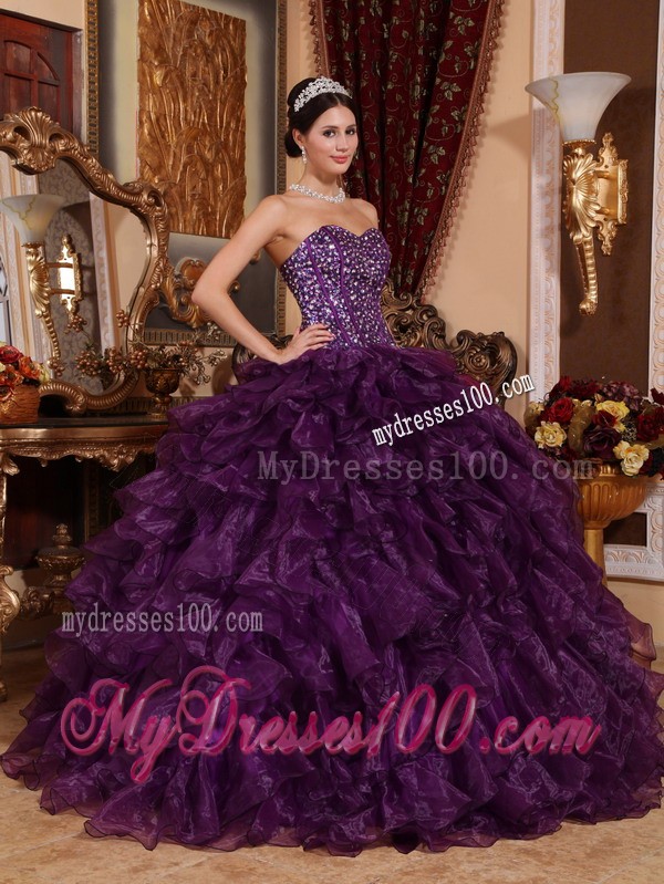 Dark Purple Sweetheart Sweet 15 Dress with Sequins and Ruffles