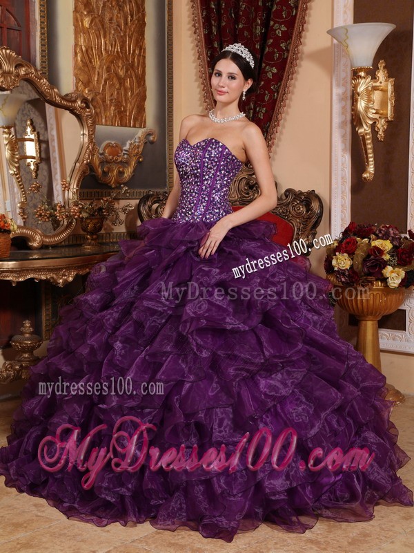 Dark Purple Sweetheart Sweet 15 Dress with Sequins and Ruffles