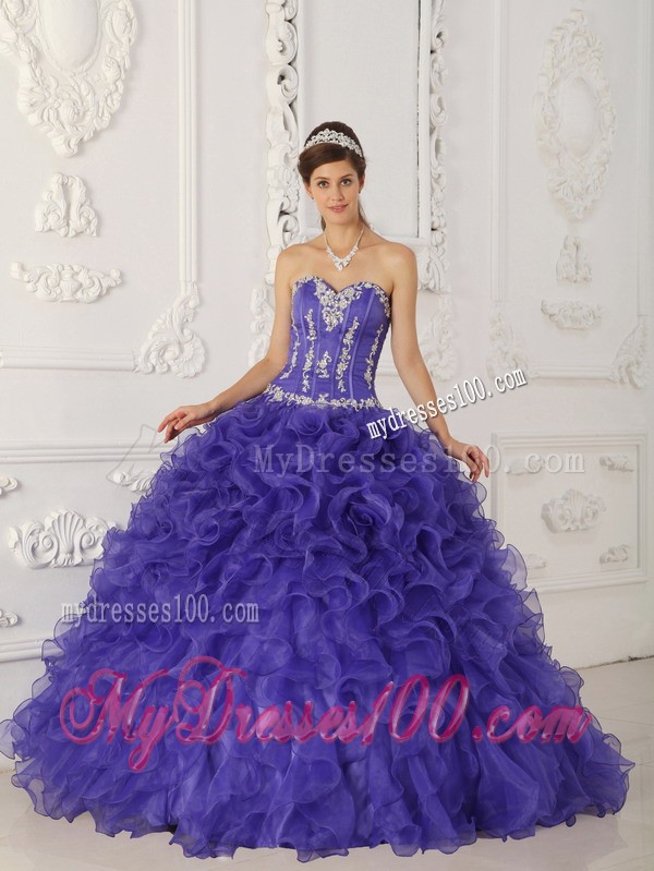 Sweetheart Purple Floor-length Satin and Organza Appliques Quinceanera Gown
