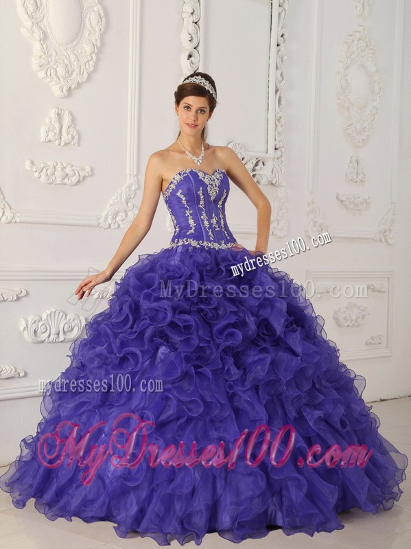 Sweetheart Purple Floor-length Satin and Organza Appliques Quinceanera Gown
