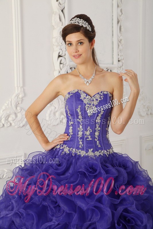 Sweetheart Purple Floor-length Satin and Organza Appliques Quinceanera Gown