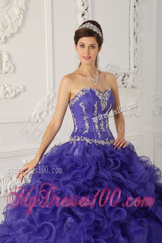 Sweetheart Purple Floor-length Satin and Organza Appliques Quinceanera Gown