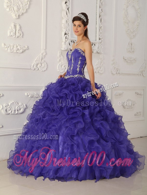 Sweetheart Purple Floor-length Satin and Organza Appliques Quinceanera Gown