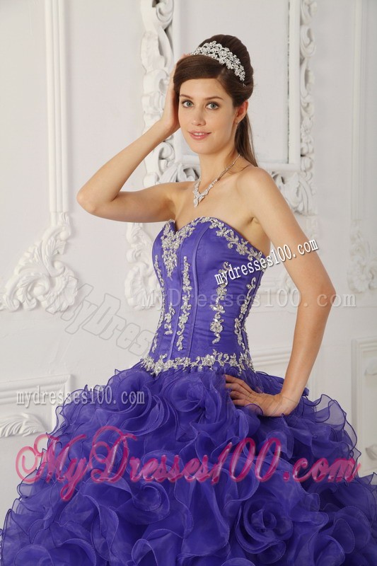 Sweetheart Purple Floor-length Satin and Organza Appliques Quinceanera Gown