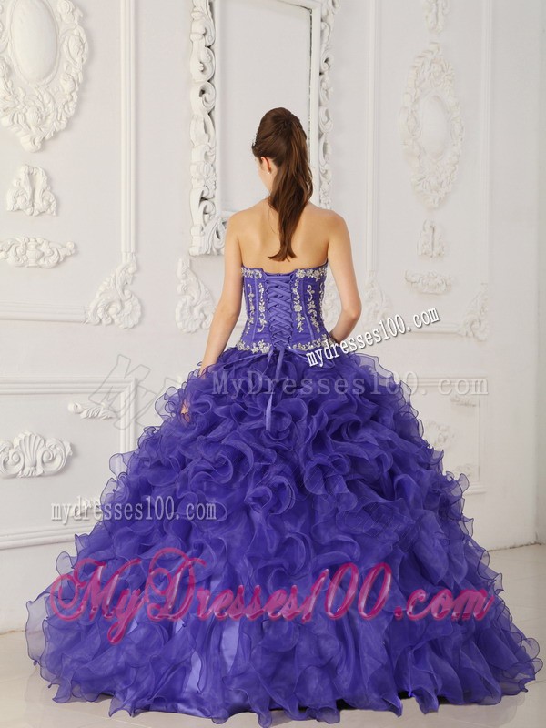 Sweetheart Purple Floor-length Satin and Organza Appliques Quinceanera Gown