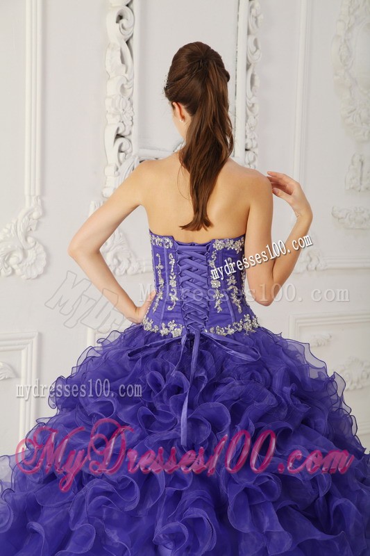 Sweetheart Purple Floor-length Satin and Organza Appliques Quinceanera Gown