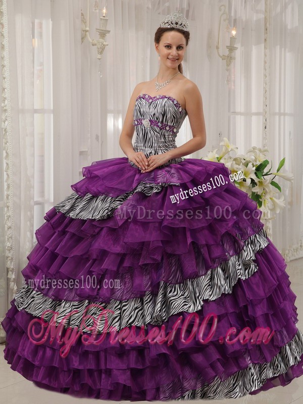 Purple Ball Gown Sweetheart Zebra and Organza Quince Dress