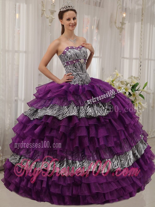Purple Ball Gown Sweetheart Zebra and Organza Quince Dress