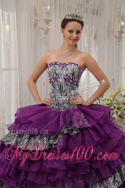 Purple Ball Gown Sweetheart Zebra and Organza Quince Dress