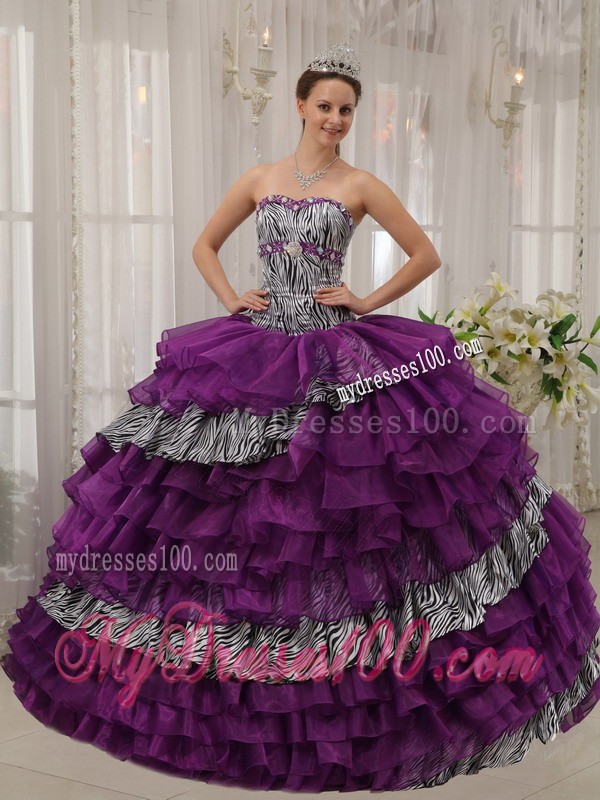 Purple Ball Gown Sweetheart Zebra and Organza Quince Dress