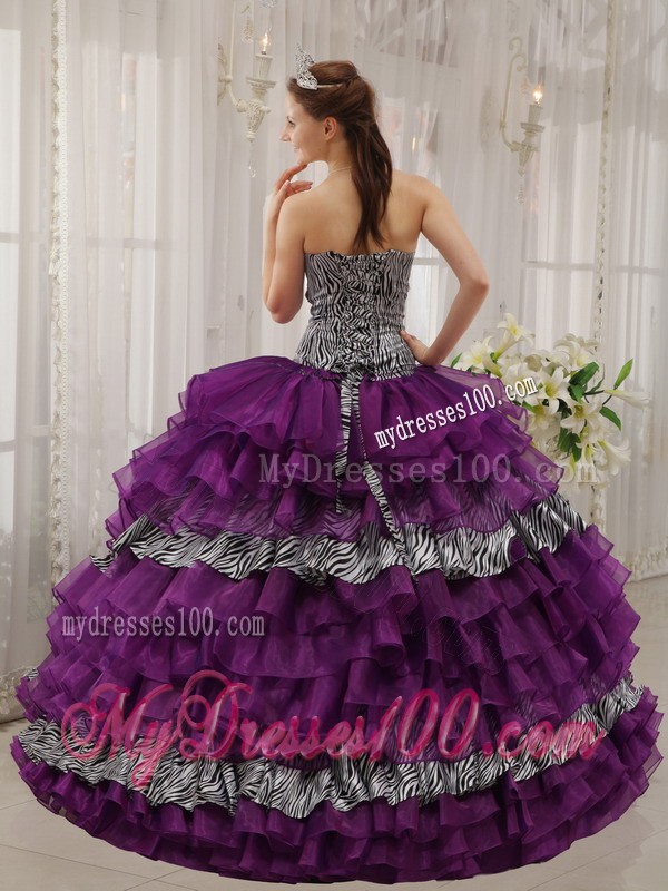 Purple Ball Gown Sweetheart Zebra and Organza Quince Dress
