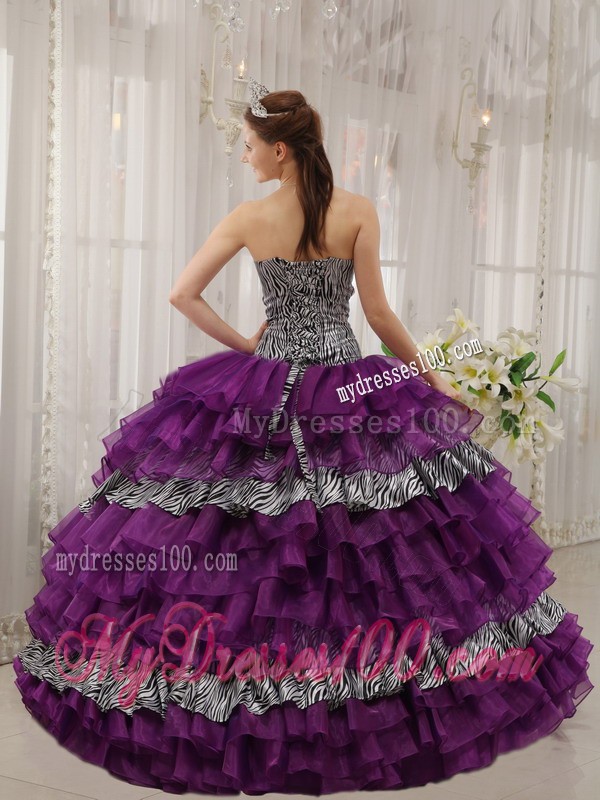 Purple Ball Gown Sweetheart Zebra and Organza Quince Dress