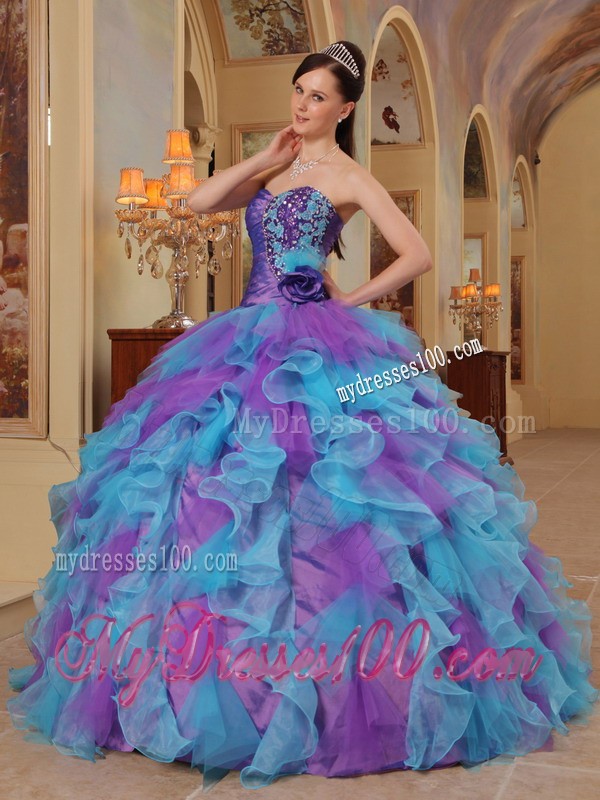 Purple and Aqua Blue Sweetheart Ruffles Quinceanera Gown