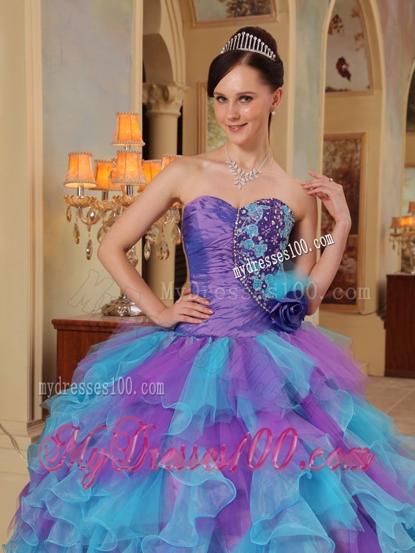 Purple and Aqua Blue Sweetheart Ruffles Quinceanera Gown
