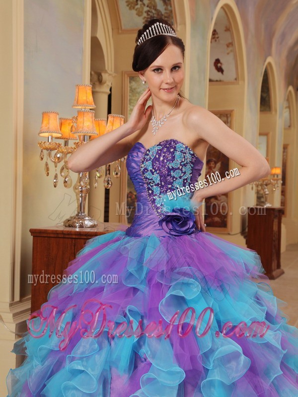 Purple and Aqua Blue Sweetheart Ruffles Quinceanera Gown