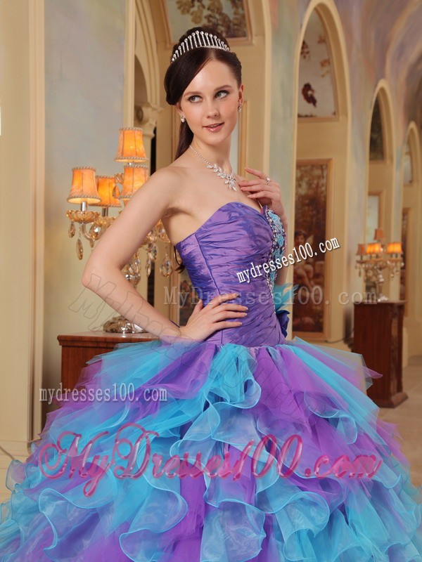 Purple and Aqua Blue Sweetheart Ruffles Quinceanera Gown