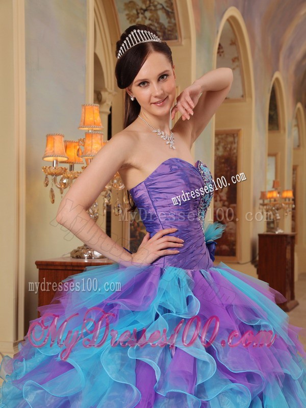 Purple and Aqua Blue Sweetheart Ruffles Quinceanera Gown