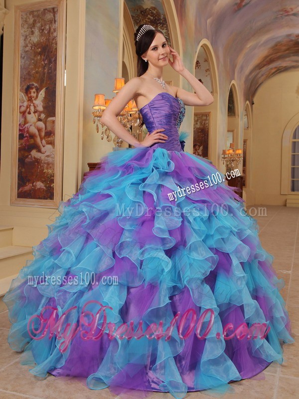 Purple and Aqua Blue Sweetheart Ruffles Quinceanera Gown