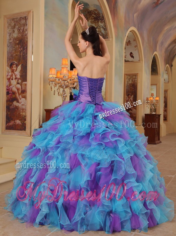 Purple and Aqua Blue Sweetheart Ruffles Quinceanera Gown